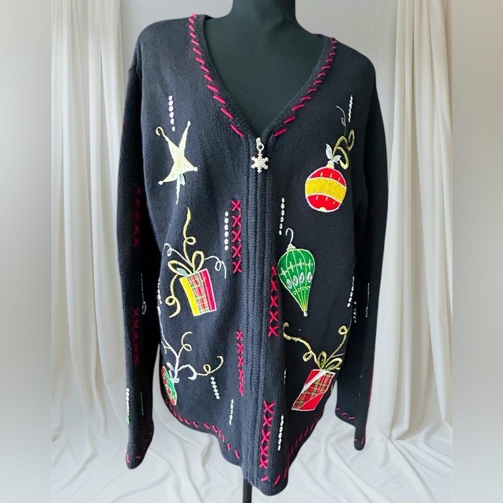 Holiday Editions Cardigan Zipper Embroidered XL Ugly Christmas Sweater Party